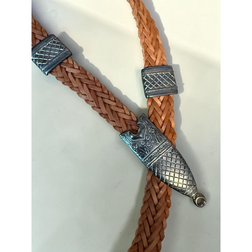 Woven Braided Leather Belt Ornate Silvertone Buckle Western Boho Vintage Small